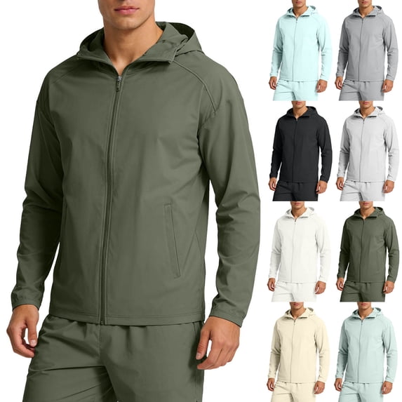 Long Sleeve UV Protection Shirts Men Full Zip Hooded Jacket UPF 50+ Lightweight Windbreaker with Side Pockets for Hiking Outdoor