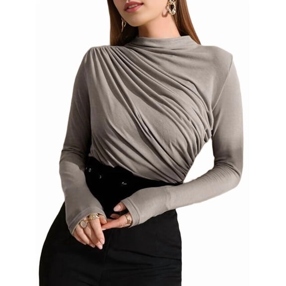 Long Sleeve Underneath Base Layer Shirt Women'S Autumn and Winter New Brushed Round Neck Grey S
