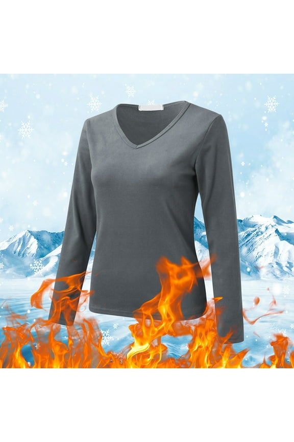 Long Sleeve Undershirt for Women Lined Thermal V Neck Underwear Fall Winter Basic Layer Tops Dark Gray L