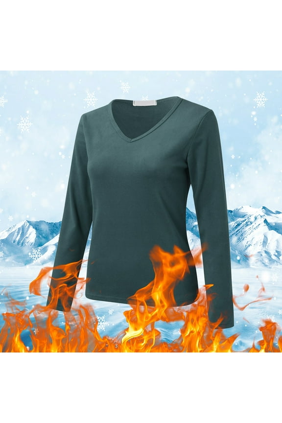 Long Sleeve Undershirt for Women Lined Thermal V Neck Underwear Fall Winter Basic Layer Tops Green XXL