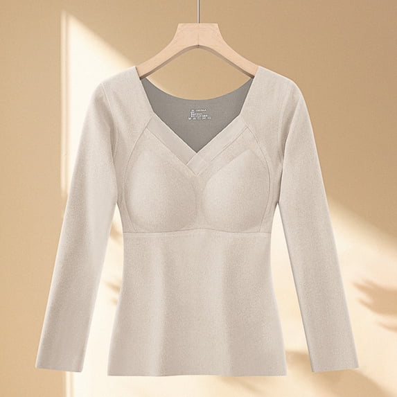 Long Sleeve Undershirt for Women,Tops With Chest Pad Soft Thermal Shirts with Warm Fleece Lining, Base Layer Thermal Tops Beige XXL