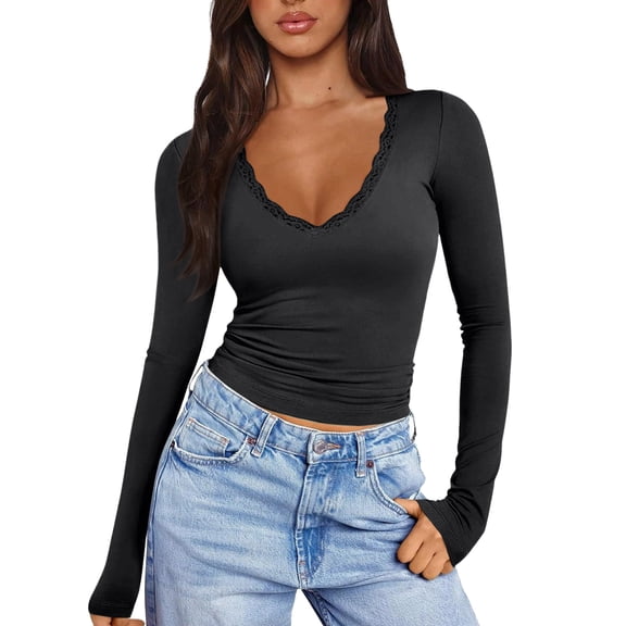 Long Sleeve Undershirt for Women V Neck Y2k Basic Tees Slim Fit Trendy Elegant Cozy Plain Going Out Pullover Tops Black 2XL