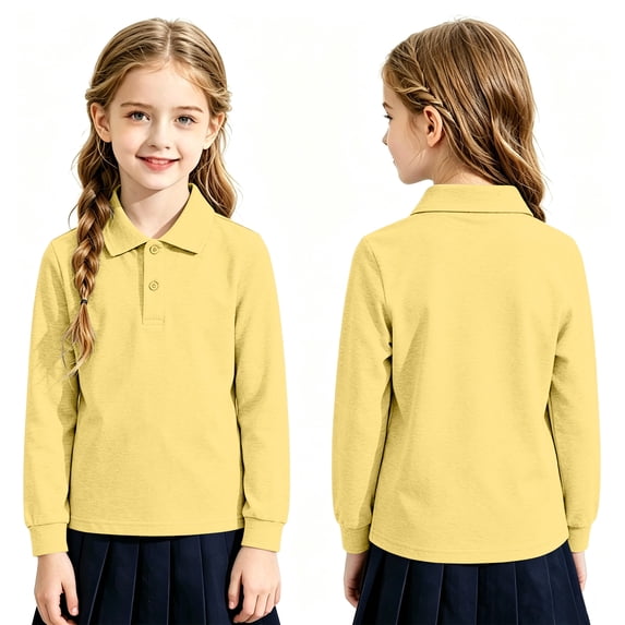 Long Sleeve Uniform Shirts for Boys Girls Casual School Uniform Polo Shirts 5-14Y Kids Fall Classic Collared Neckline with A Contrast Trim