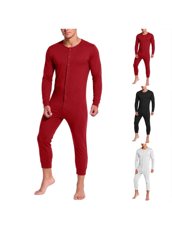 Long Sleeve Union Suit for Men Button-Front One-Piece Thermal Knit Loungewear Onesie Sleeping Red XS