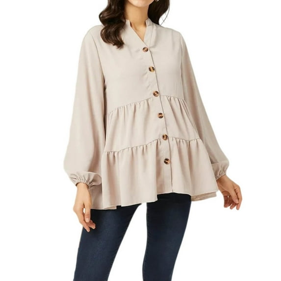 Long Sleeve V-Neck Blouses Shirts Solid Color Women Top Long Sleeved Shirt Maternity Clothing Breastfeeding Button Top Khaki XXXL