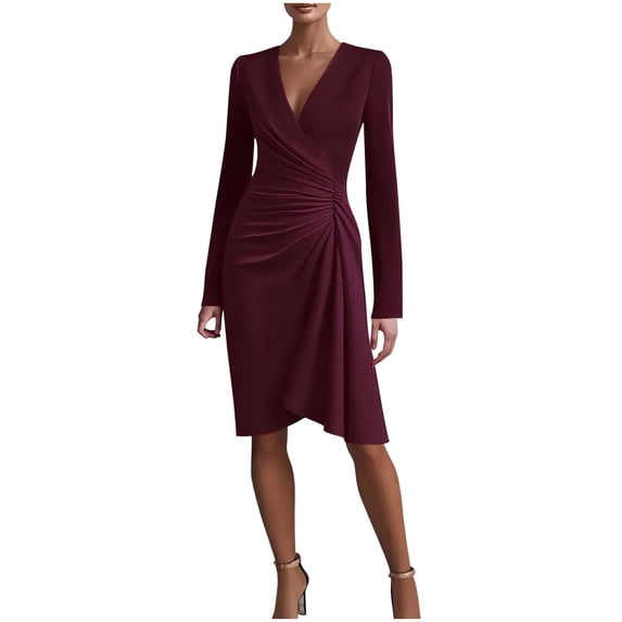 Long Sleeve V Neck Dresses Women Solid Color Pleated Elastic Waist Casual Midi Dress for Daily Wear