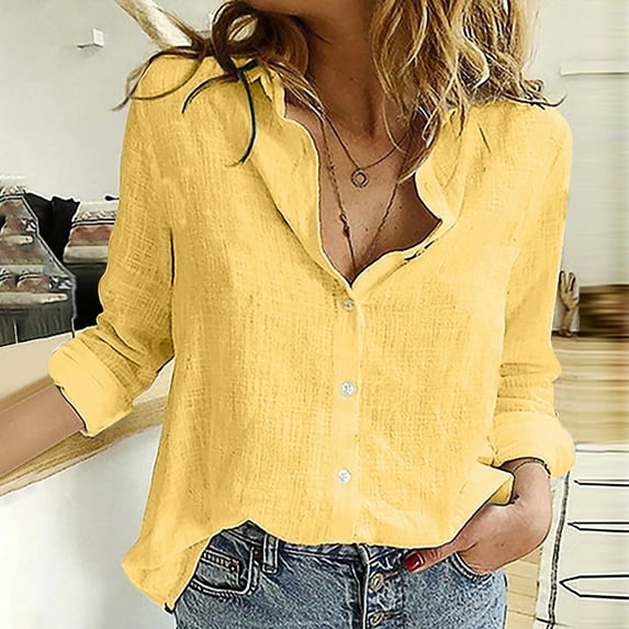 Long Sleeve V Neck Roll Up Sleeve Linen Shirts for Women Trendy Button Down Tunic Blouses Tops for Legging