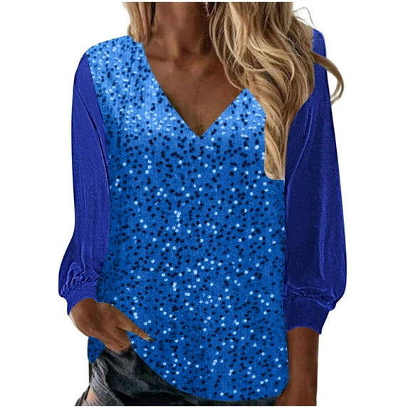 Long Sleeve V Neck Shirts for Women Trendy Sequin Soft Velour Tunic Tops Casual Solid Color Wedding Party Clothing(Blue,L)