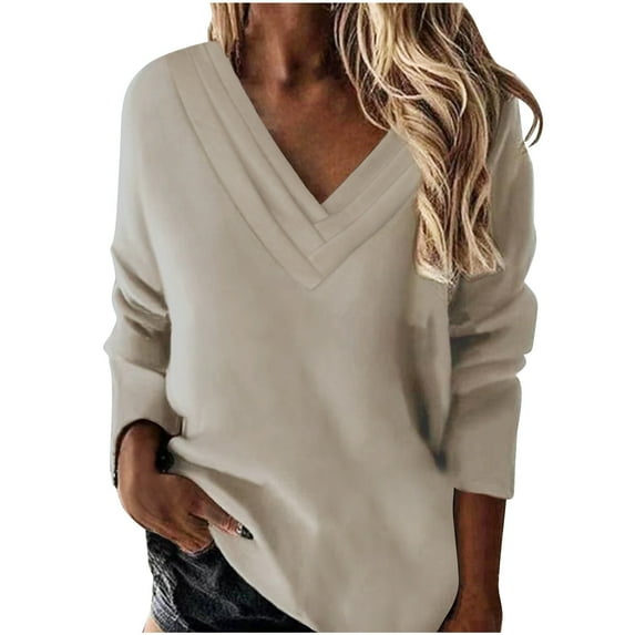 Long Sleeve V Neck Solid Color Tops for Women Casual Tunic Pullover Shirts Trendy Outfits Khaki,XL