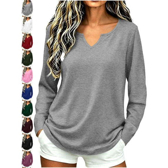 Long Sleeve V-Neck T-Shirt for Women Oversized Loose Fit Solid Color Basic Pullover Casual Everyday Fall Winter Top
