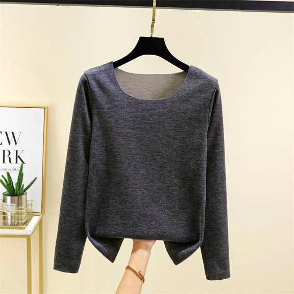 Long Sleeve V Neck T Shirts for Women Fleece Casual Trendy Oversized Sweatshirt Relaxed Fit Hoodless Warm Y2K Sweater Dark Gray XL