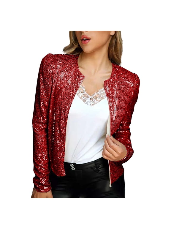 Womens Sequin Jacket,Sequin Blazer for Women Open Front Collarless Long Sleeve Jacket Cardigan,Ladies Fitted Club Party Coat Outerwear,Women's Sequin Short Open Glitter Jacket