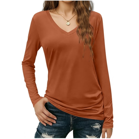Long Sleeve V Neck Tops for Women Solid Color Fitted Plain Tshirts Casual Spring Tee Shirt Base Fall Clothes (2XL, Orange)