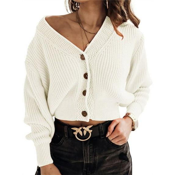 Long Sleeve V-Neck Women Knit Cardigan Buttons Cropped Sweater