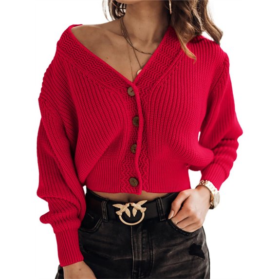 Long Sleeve V-Neck Women Knit Cardigan Buttons Cropped Sweater