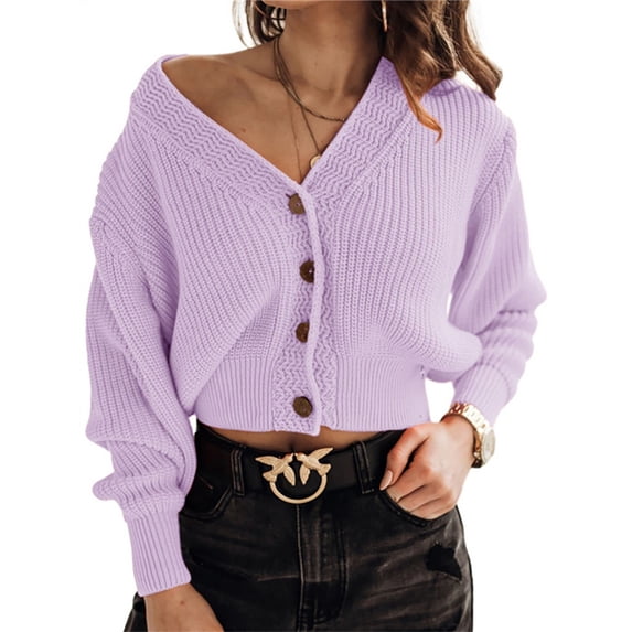 Long Sleeve V-Neck Women Knit Cardigan Buttons Cropped Sweater