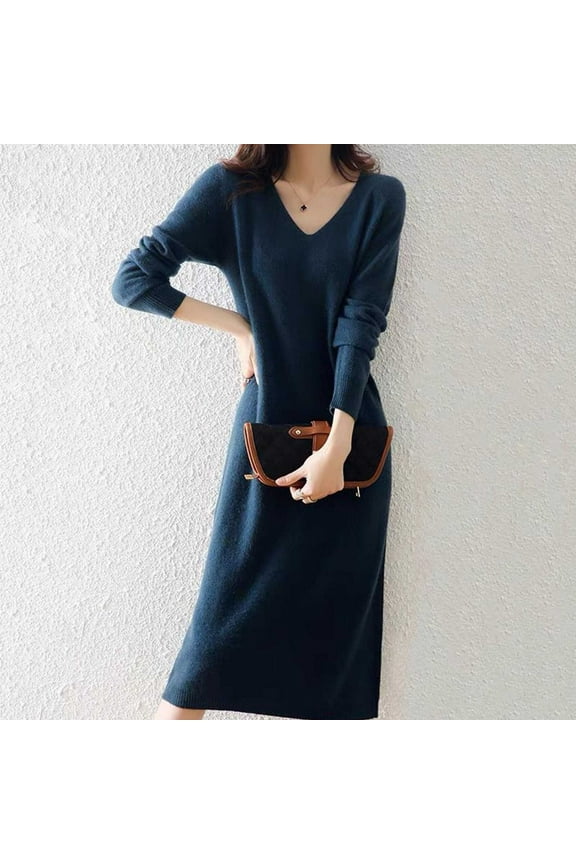 Long Sleeve V Neck Wool Knit Dress For Women French Style Layering Long Dress For Fall And Winter Cozy Warm Casual Maxi Dress Long Sequin Dress Long Evening Dresses for Women Formal 2017 Swimming