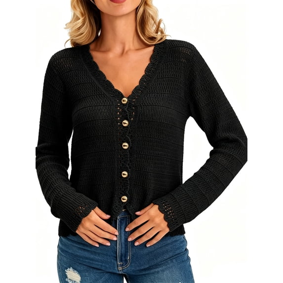 Long Sleeve V-neck Women Crochet Cardigan Casual Button Down Sweater