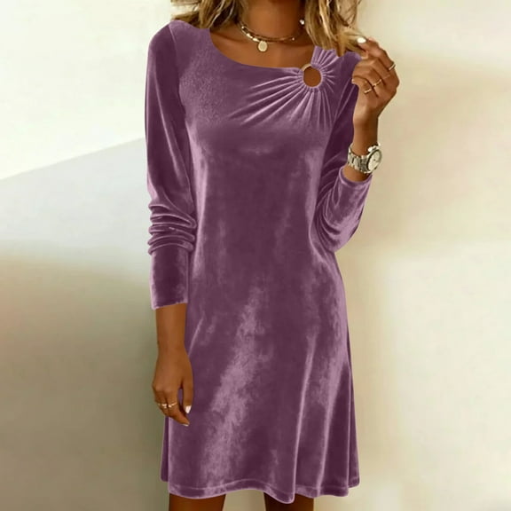 Long Sleeve Velvet Dress,Womens Velvet Solid Color Pleated Dress Round Neck Long Sleeve Elegant Casual Warm Luxurious Daily Fashion Outfit Purple Xxl