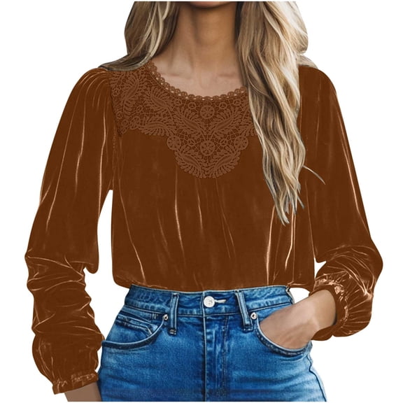 Long Sleeve Velvet Tops for Women Trendy Lace Trim Crew Neck Loose Fit Dressy Casual Blouses Solid Color Tees (XL, Brown)