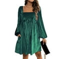 thumbnail image 1 of Long Sleeve Velvets A-Line Small Dress, Square Neck Tie-Back Open Back Ruffled Babydoll Women's Dress, 1 of 9