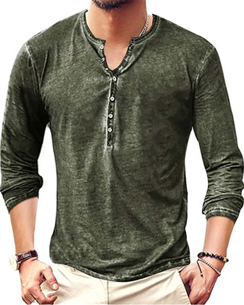 Long Sleeve Vintage Washed Men Casual Henley Shirt Male Button Down