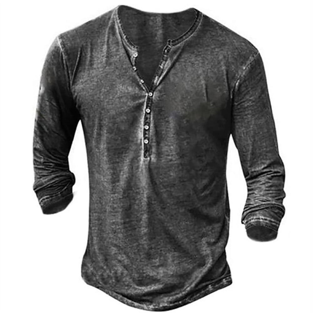 Long Sleeve Vintage Washed Men Casual Henley Shirt Male Button Down ...