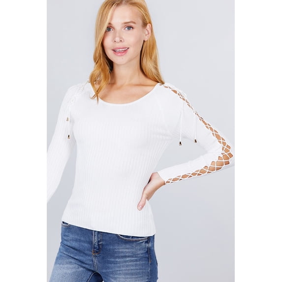 Long Sleeve W/strappy Detail Round Neck Rib Sweater Top