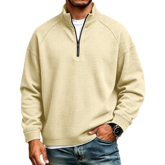 Long Sleeve Waffle 1/4 Zip Pullover for Men Mens Mock Neck Raglan Sleeve Textured Sweatshirt Relaxed Fit Casual Top for Everyday Cool Weather