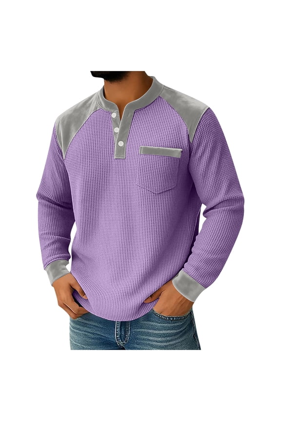 Long Sleeve Waffle Shirts for Men Quarter Button V Neck Sweatshirt Velvet Patchwork Lightweight Golf Pullover Sweater Blouse Purple S