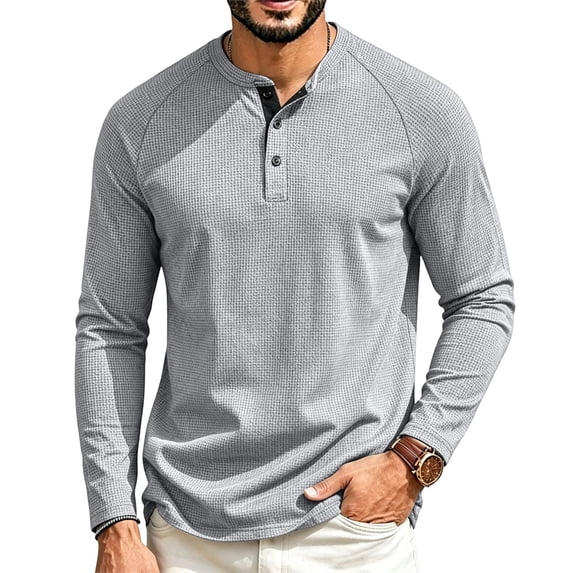 Long Sleeve Waffle Texture Henley Tee for Men Casual Relaxed Fit Button Placket Pullover Shirt Breathable Soft Lightweight Top Light Gray 3XL