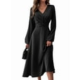 thumbnail image 1 of Long Sleeve Wedding Guest Dress for Women V-Neck Twist Waist Cocktail Party Maxi Dresses Black L, 1 of 7