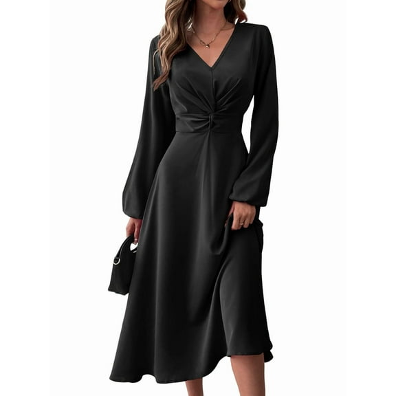 Long Sleeve Wedding Guest Dress for Women V-Neck Twist Waist Cocktail Party Maxi Dresses Black XL