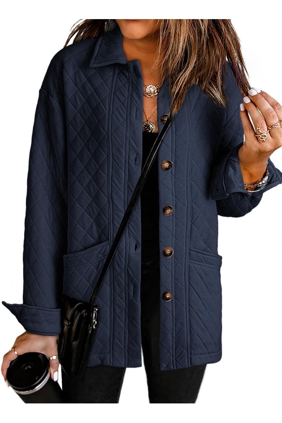 Long Sleeve Winter Jacket Fashion Quilted Jackets Winter Coats 2024 Lightweight Collared Button Down Oversized Tops Solid Shacket Jackets for Women