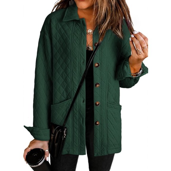 Long Sleeve Winter Jacket Fashion Quilted Jackets Winter Coats 2024 Lightweight Collared Button Down Oversized Tops Solid Shacket Jackets for Women