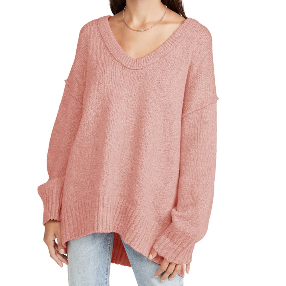 Long Sleeve Winter Women V Neck Oversize Loose Knit Sweater Pullover 2472