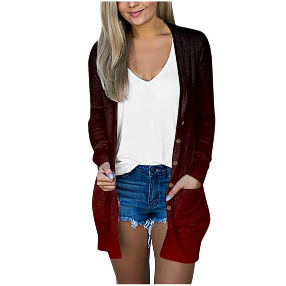 Long Sleeve Women Cardigans Fashion Gradient Color Long Sleeve Blouses Plus Size Button Down Shirts with Pockets (M, Red)