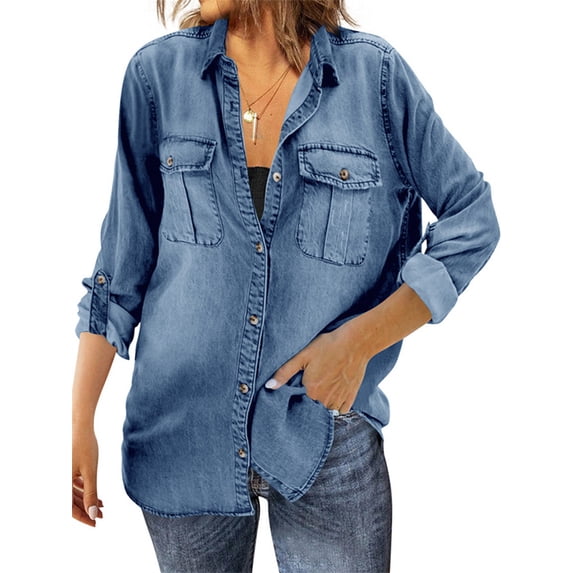 Long Sleeve Women Casual Button Denim Blouse With Pocket