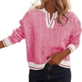 thumbnail image 1 of Long Sleeve Women Color Block Lapel V-neck Knit Sweater Pullovers, 1 of 6