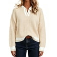 thumbnail image 1 of Long Sleeve Women Color Block Lapel V-neck Knit Sweater Pullovers, 1 of 7