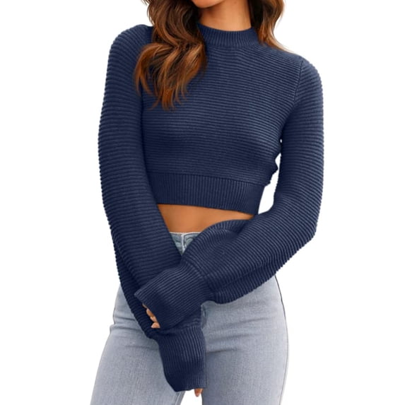 Long Sleeve Women Crew Neck Cropped Sweaters Ribbed Knit Crop Pullover