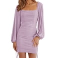 thumbnail image 1 of Long Sleeve Women Drawstring Dress Square Neck Bodycon Mini Dress, 1 of 4