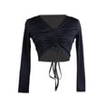 thumbnail image 1 of Long Sleeve Women'S Ruched Drawstring Front V Neck Crop Dance Tee Top For Ladies, 1 of 7