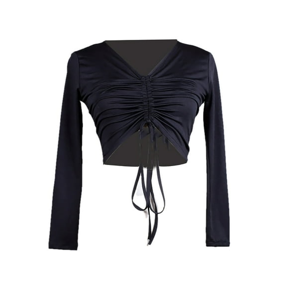 Long Sleeve Women'S Ruched Drawstring Front V Neck Crop Dance Tee Top For Ladies