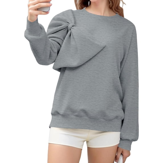 Long Sleeve Women Spring Fall Bow Tie Solid Color Sweatshirt