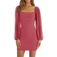 thumbnail image 1 of Long Sleeve Women Square Neckline Slim Fit Mesh Mini Dress Party Wear, 1 of 5