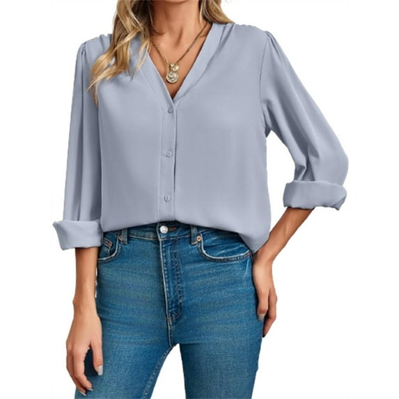 Long Sleeve Women V-Neck Blouse Female Lady Button Silk Shirt Tops