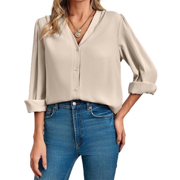 Long Sleeve Women V-Neck Blouse Female Lady Button Silk Shirt Tops