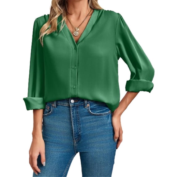 Long Sleeve Women V-Neck Blouse Female Lady Button Silk Shirt Tops