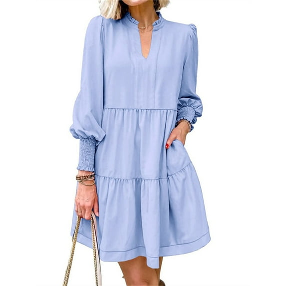 Long Sleeve Women V-Neck Solid Color Loose Dress